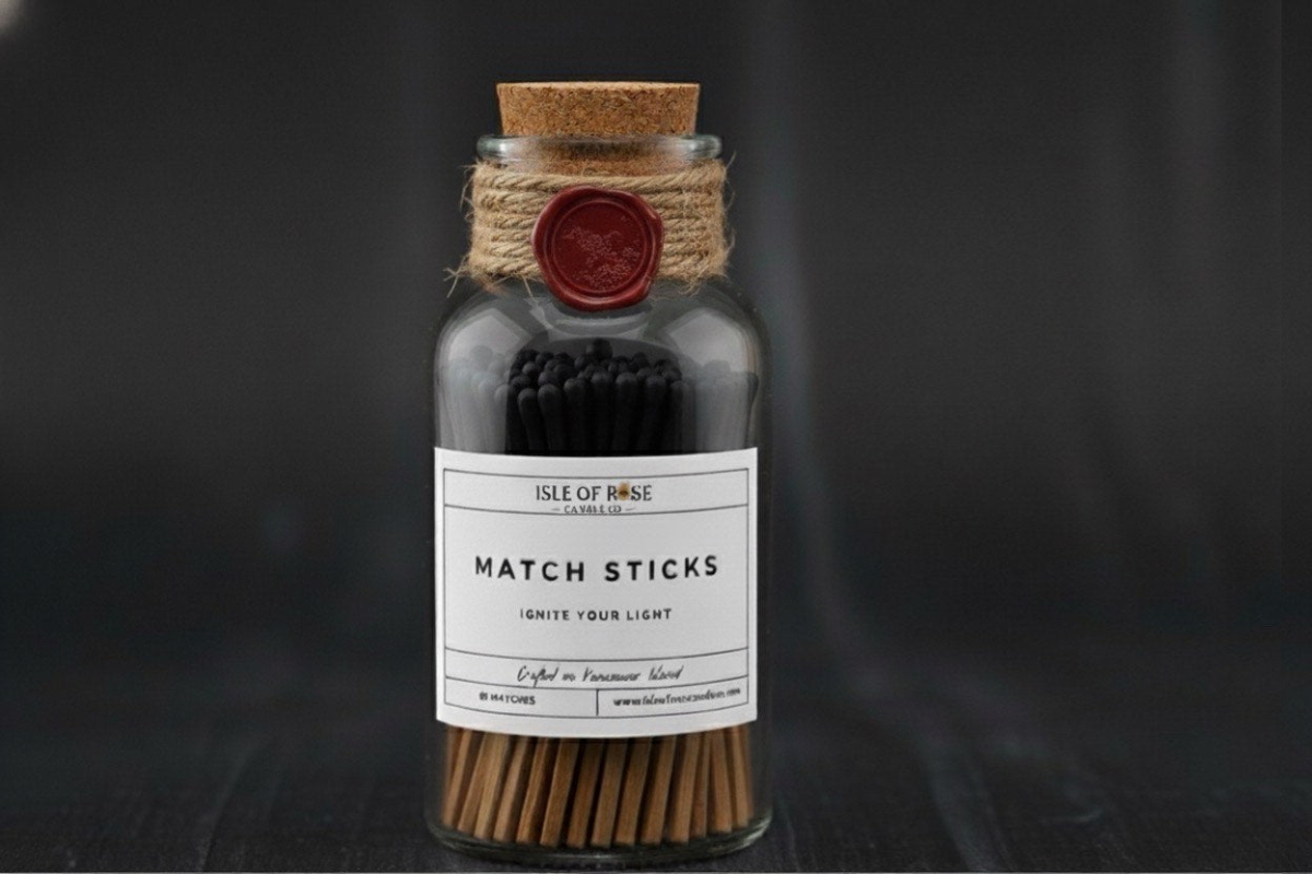 Bottle of matchsticks with a label on a dark background