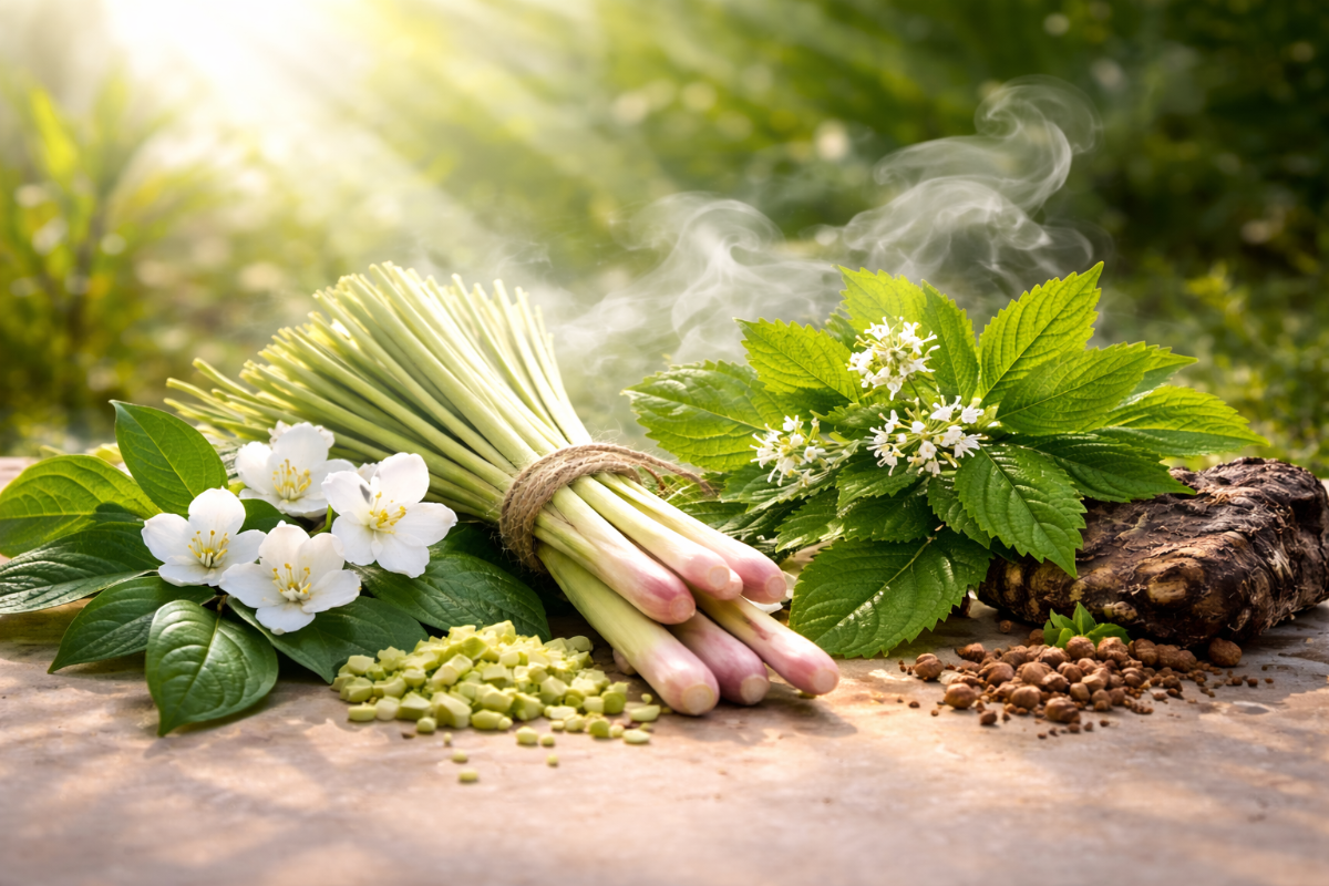 Bunch of green herbs with flowers and leaves on a wooden surface with a natural background