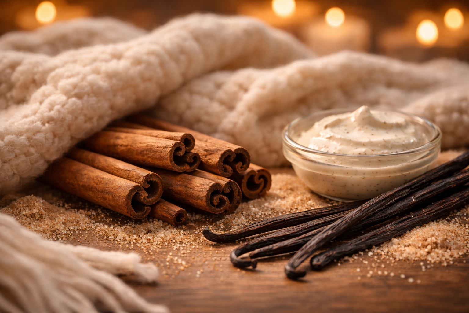 Cinnamon sticks, vanilla beans, and a small bowl of cream on a wooden surface with a warm, blurred background.