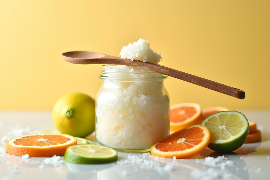 Jar of salt with a wooden spoon, surrounded by citrus fruits on a yellow background