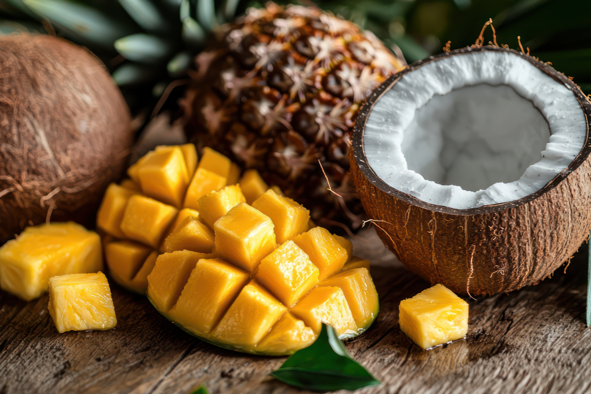 Fruit including a halved pineapple, coconut, and mango pieces on a wooden surface.