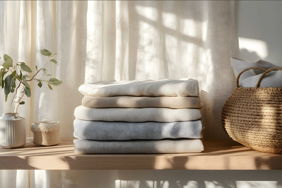 Stack of folded towels on a wooden surface with natural light filtering through curtains.