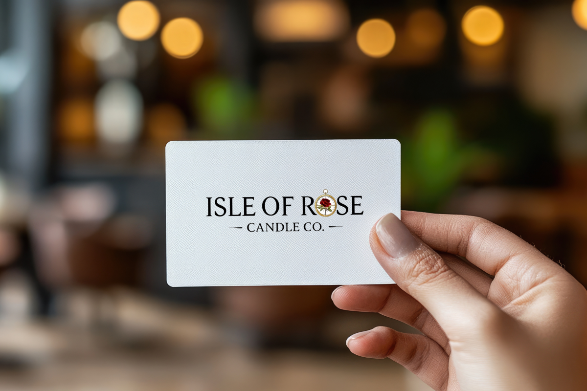 Hand holding a card with 'Isle of Rose Candle Co.' logo against a blurred background