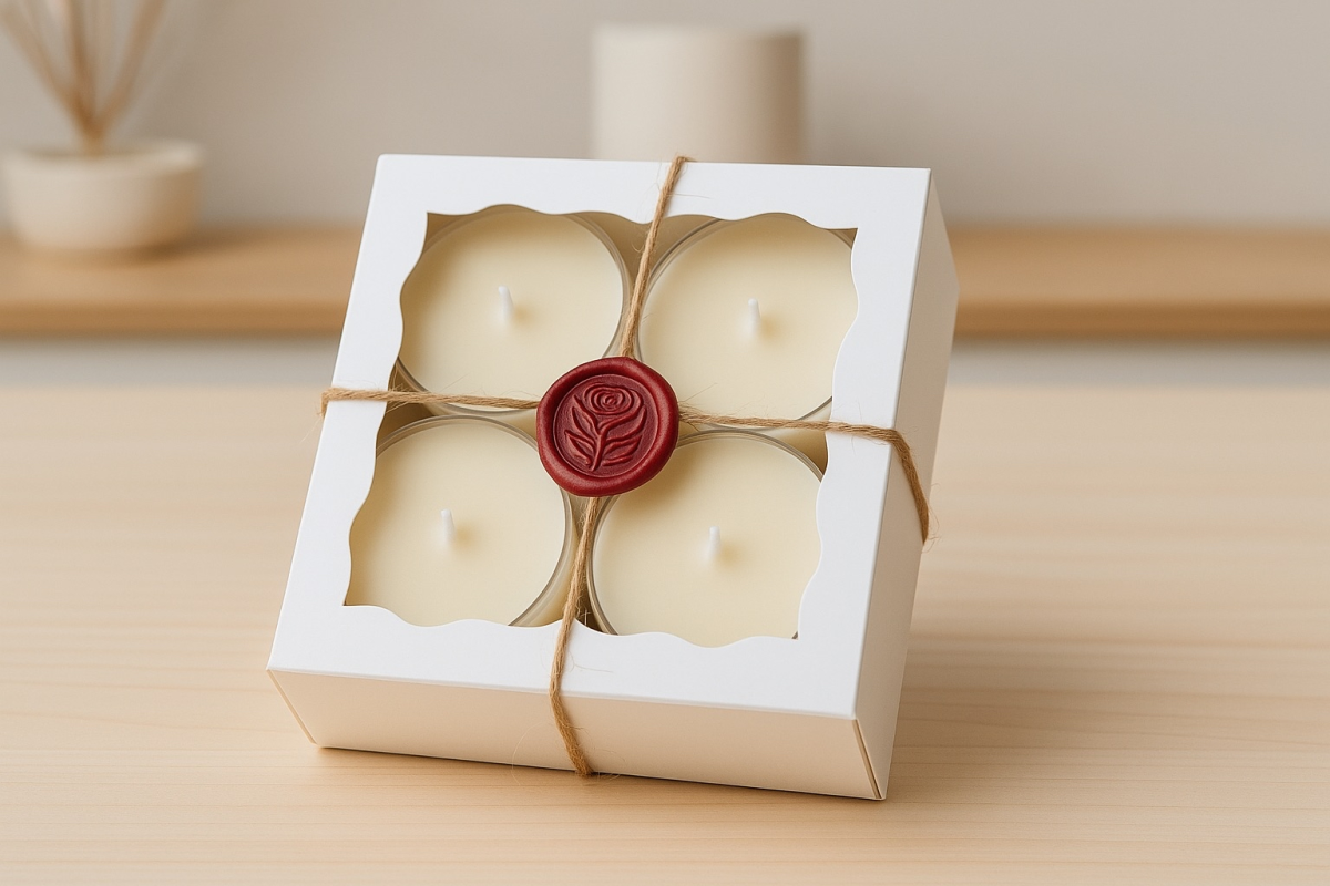 Four candles in a decorative box with a red wax seal on a wooden surface