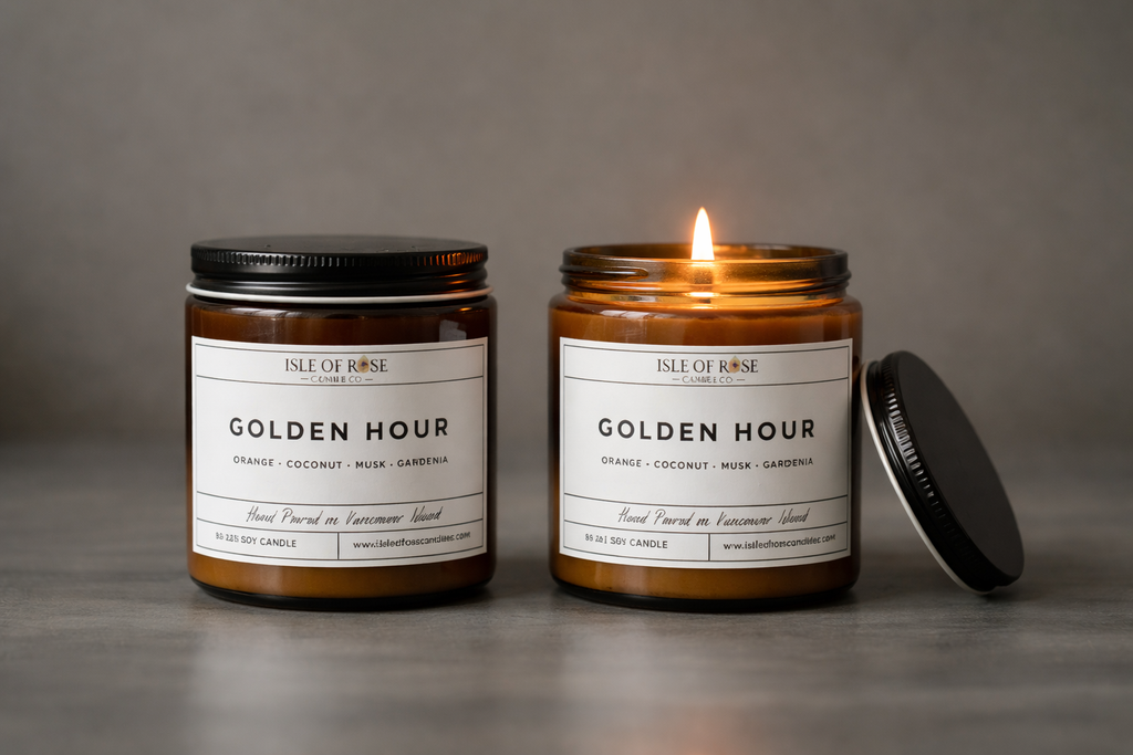 Two candles labeled 'Golden Hour' by Isle of Rose on a gray background