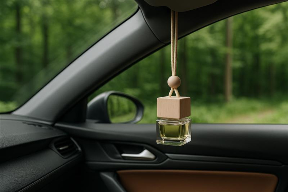 Car air freshener hanging from a car's rearview mirror with a blurred green outdoor background