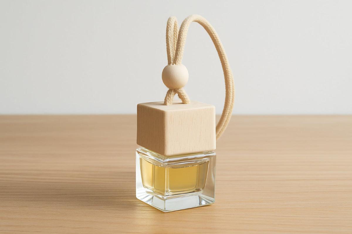 Square glass perfume bottle with beige cap on a wooden surface