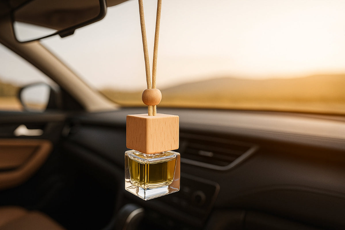 Car air freshener hanging from a car's rearview mirror with a blurred interior background