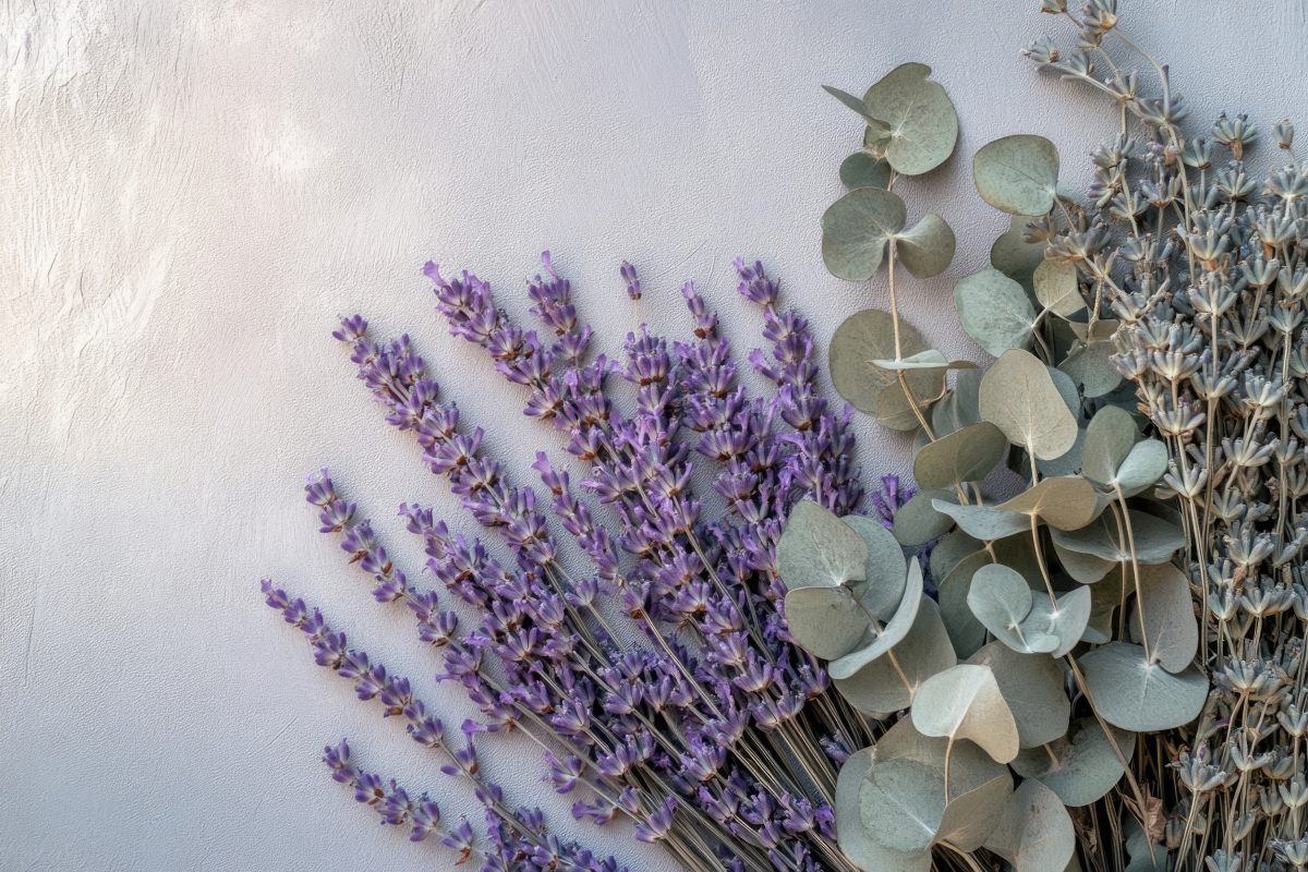 Bouquet of lavender and eucalyptus on a light background