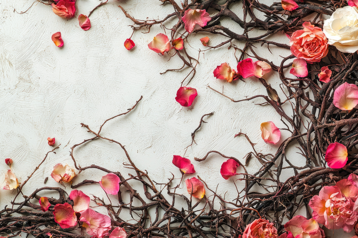 Decorative arrangement of pink flowers and branches on a textured surface