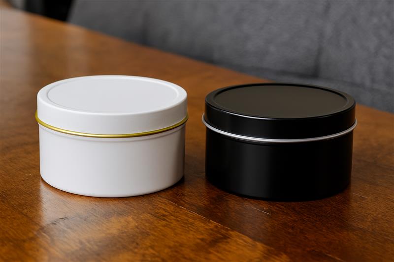 White and black cylindrical containers with gold accent on a wooden surface
