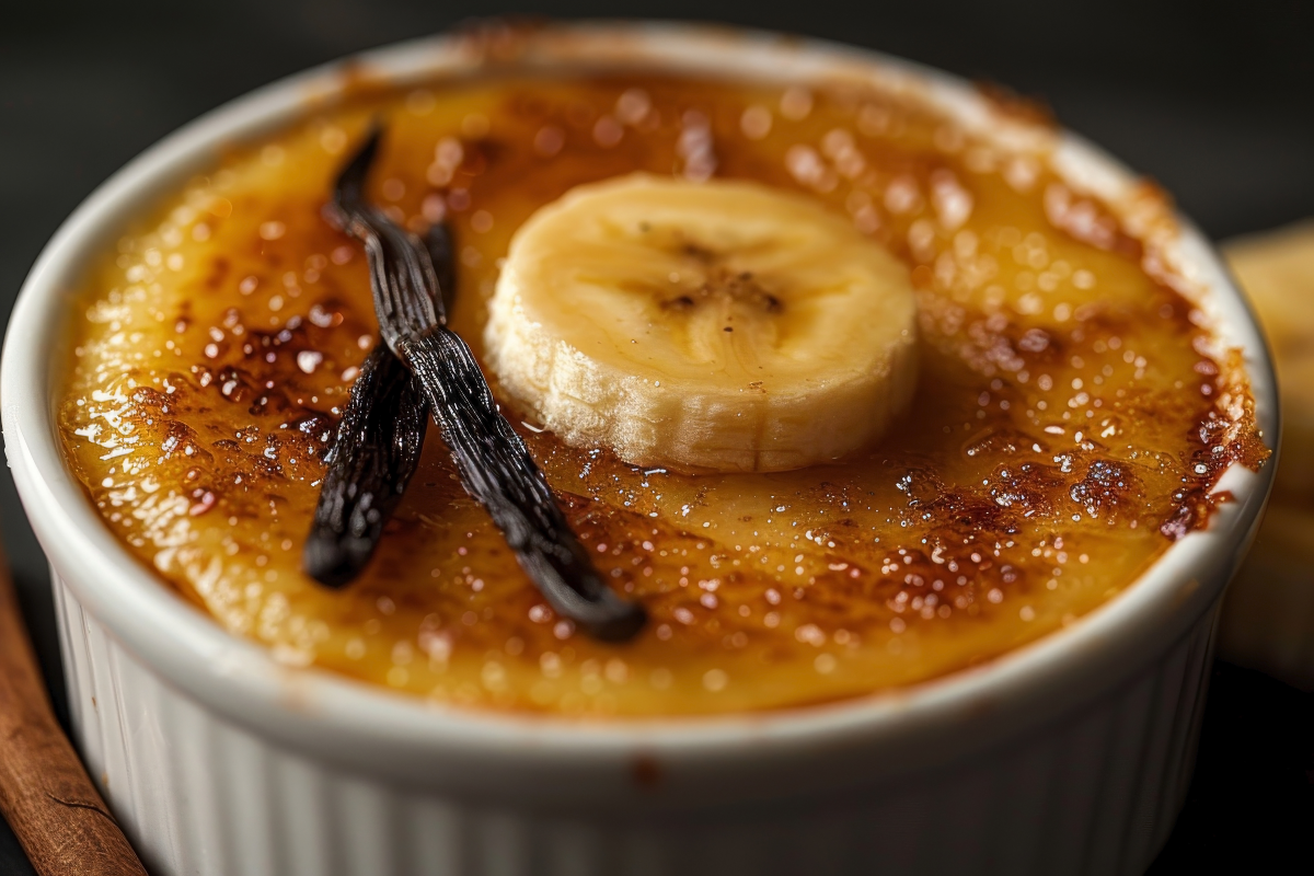 Creme bréleé with banana slices and vanilla beans in a white ramekin.