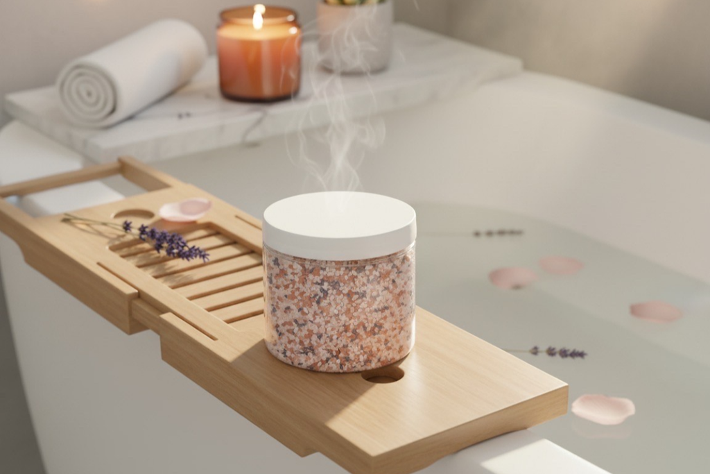 Bath tray with a diffuser and candle on a bathtub