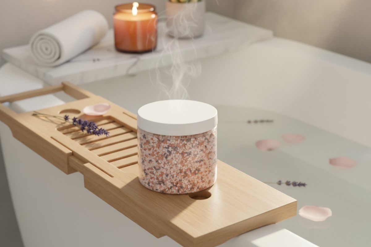 Bath tray with a diffuser and candle on a bathtub