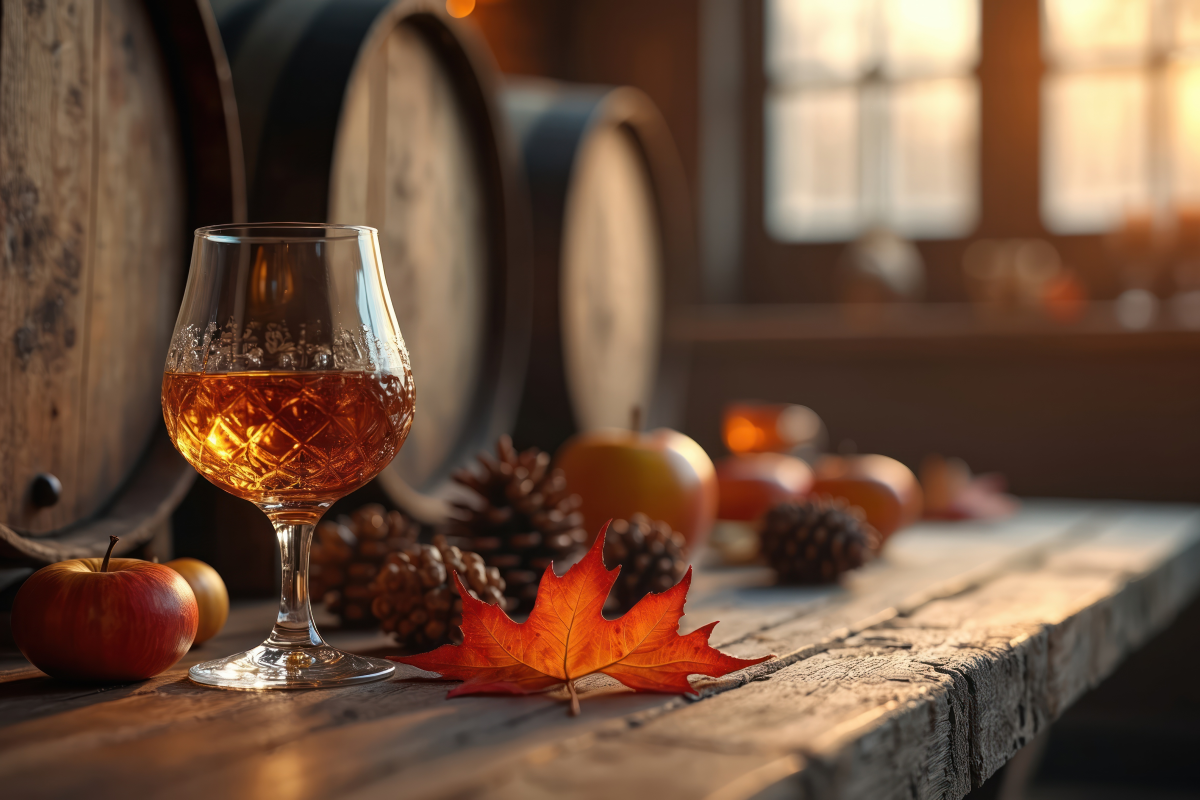 Glass of amber liquid on a wooden table with barrels and apples in the background