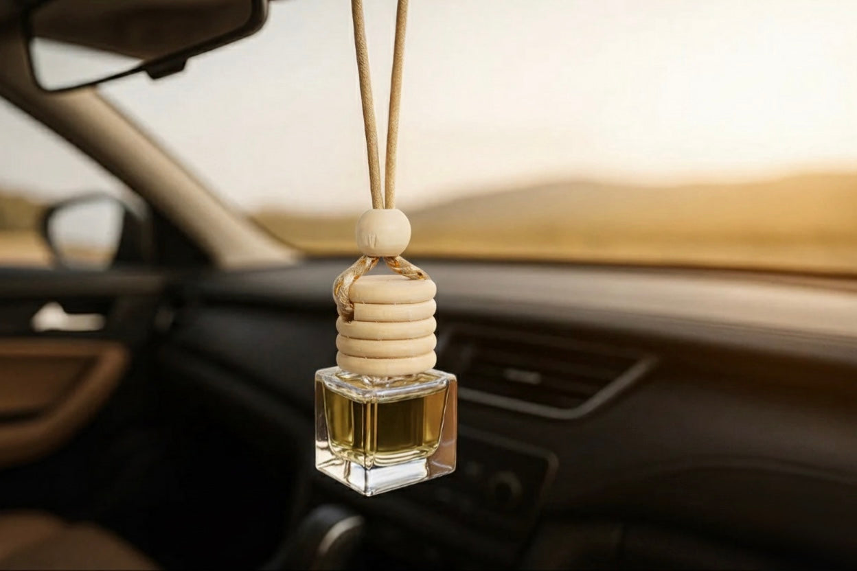 Car air freshener hanging from a car's rearview mirror with a blurred interior background.