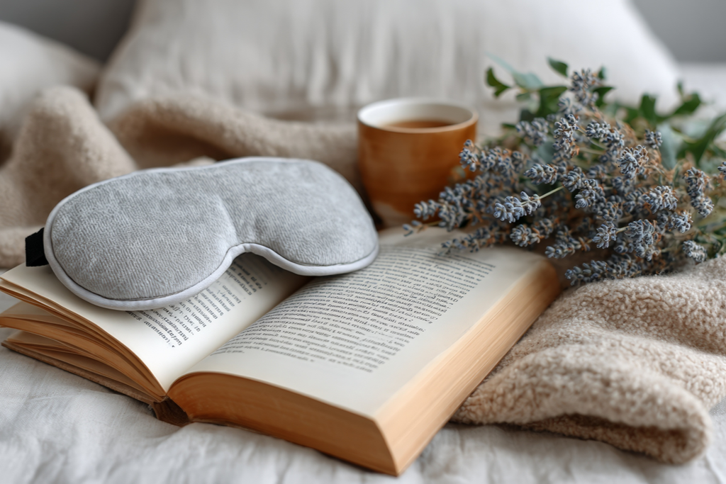 Open book with a sleep mask, cup, and lavender flowers on a soft surface