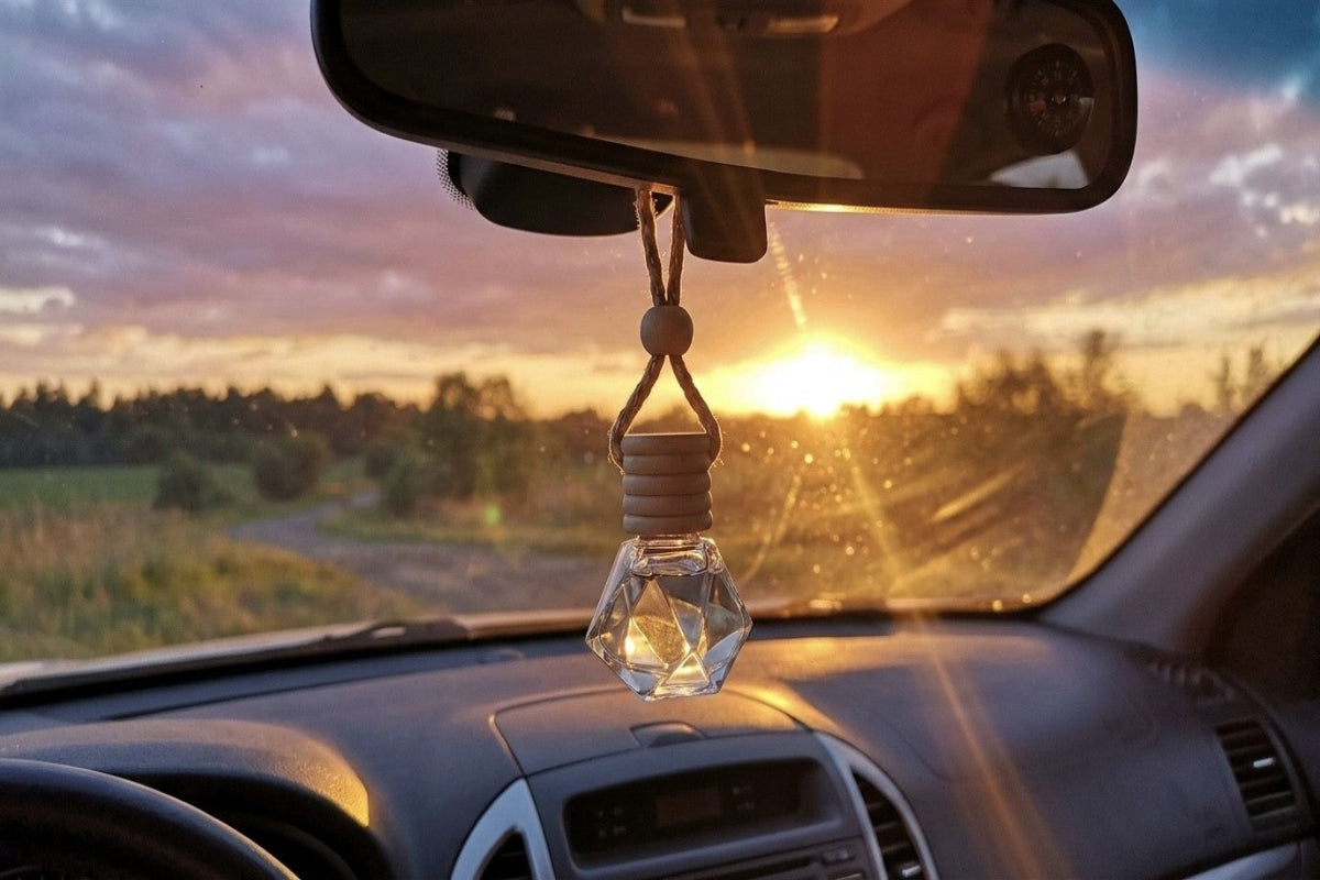 Car interior with a hanging decorative light bulb against a sunset landscape
