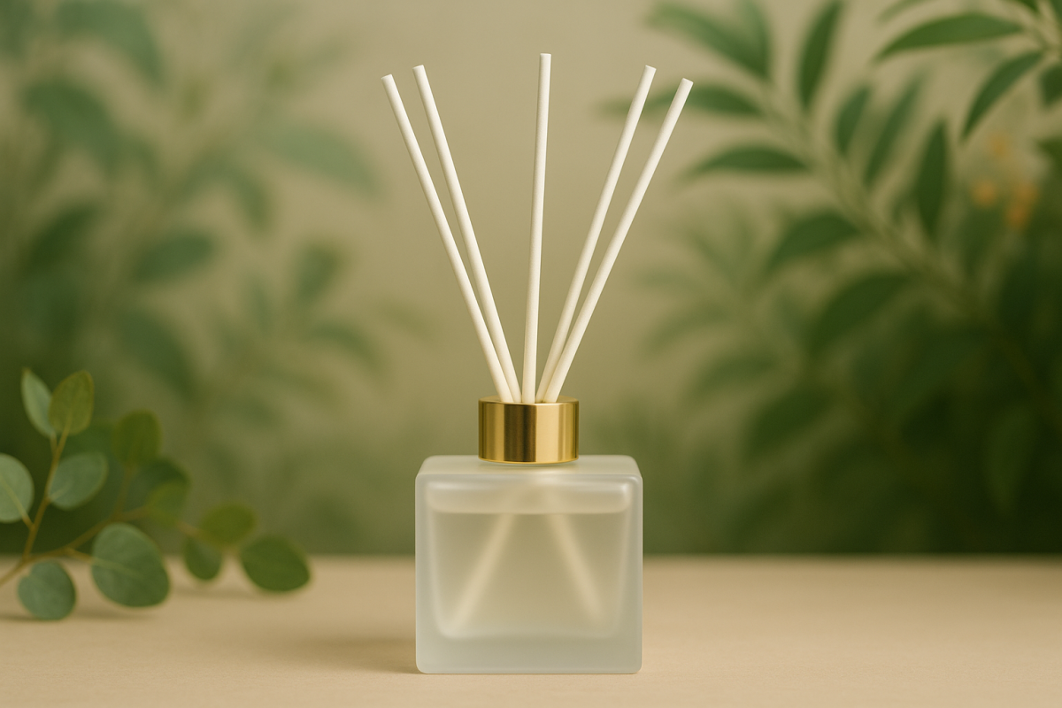 Reed diffuser with white sticks in a clear bottle with gold cap on a neutral background
