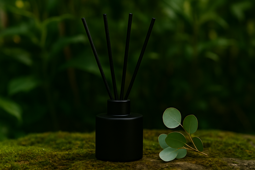 Black reed diffuser with eucalyptus leaves on a dark green background