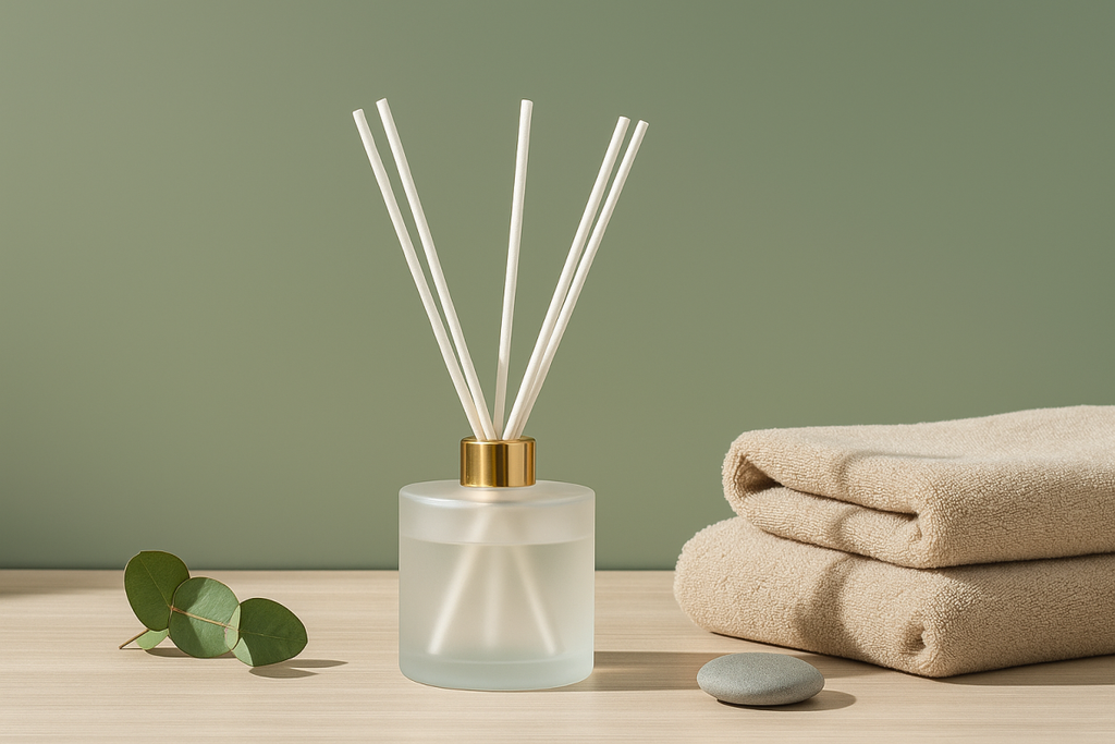 Diffuser with reeds, folded towel, and leaves on a wooden surface with a green background
