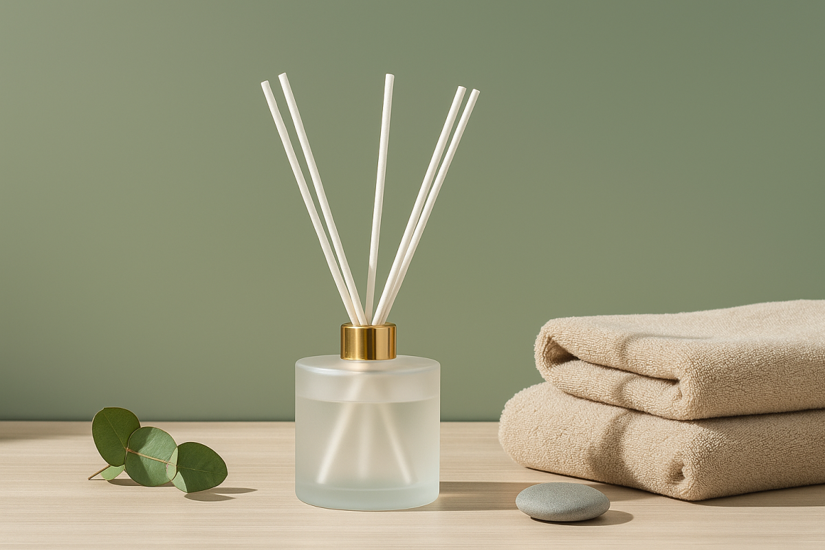 Diffuser with reeds, folded towel, and leaves on a wooden surface with a green background