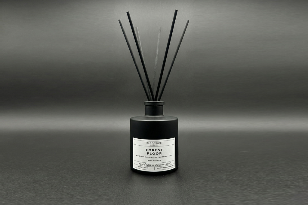 Black diffuser bottle labeled 'Forest Floor' on a gray background