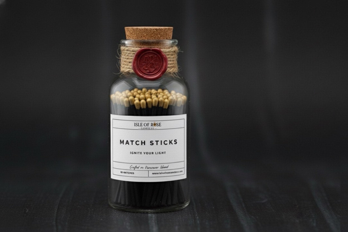 Bottle of matchsticks with a cork lid and label on a dark background