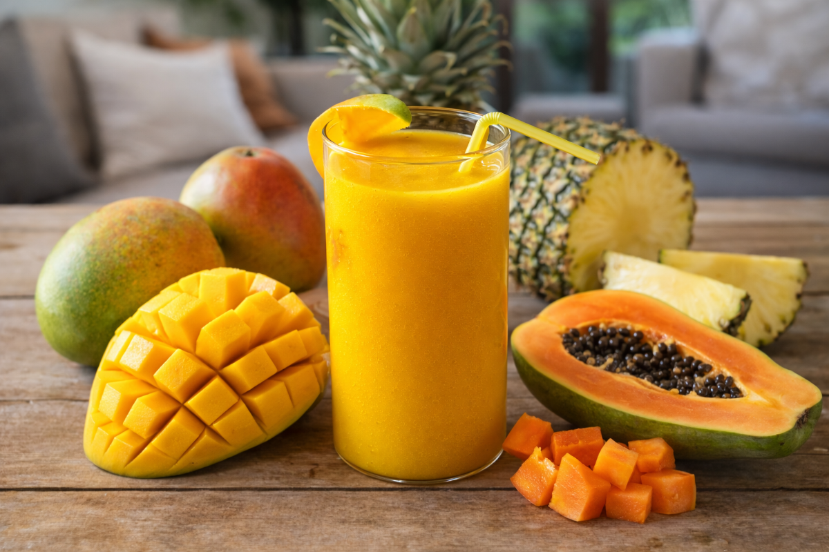 Glass of yellow smoothie surrounded by mangoes, a pineapple, and papaya on a wooden surface.