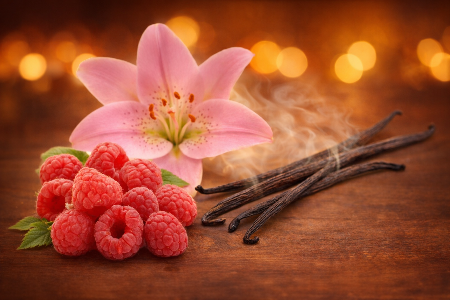Pink flower, raspberries, and vanilla beans on a wooden surface with a warm, blurred background.