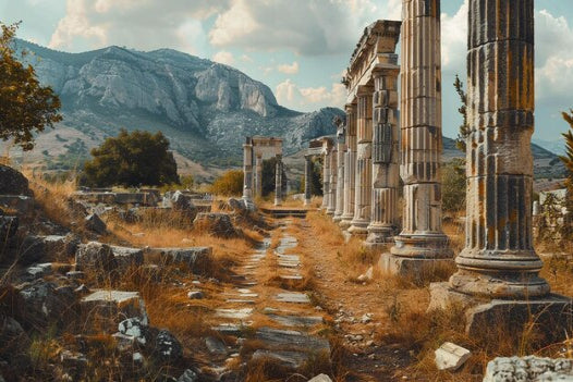 Ancient ruins with columns and pathways in a mountainous landscape