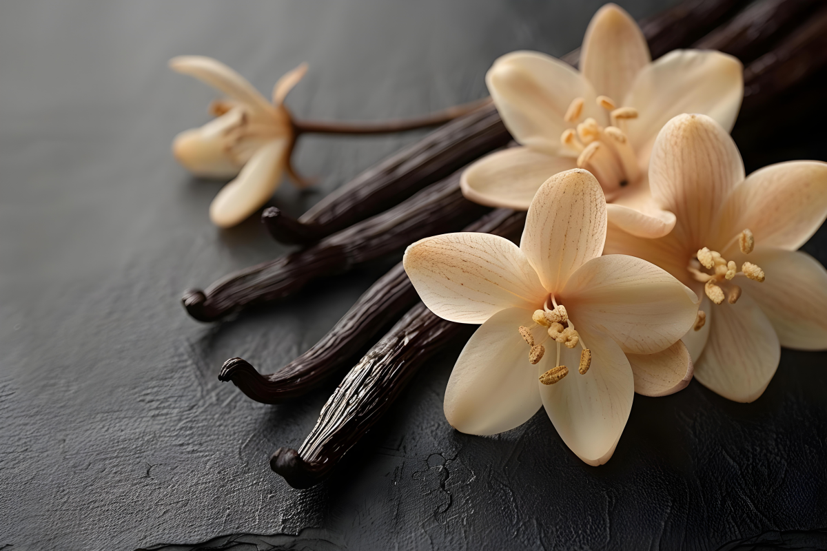 Vanilla beans and flowers on a dark surface