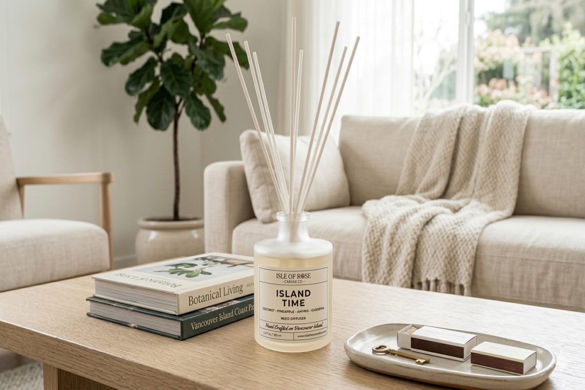 Reed diffuser on a coffee table with books and a plant in a living room setting