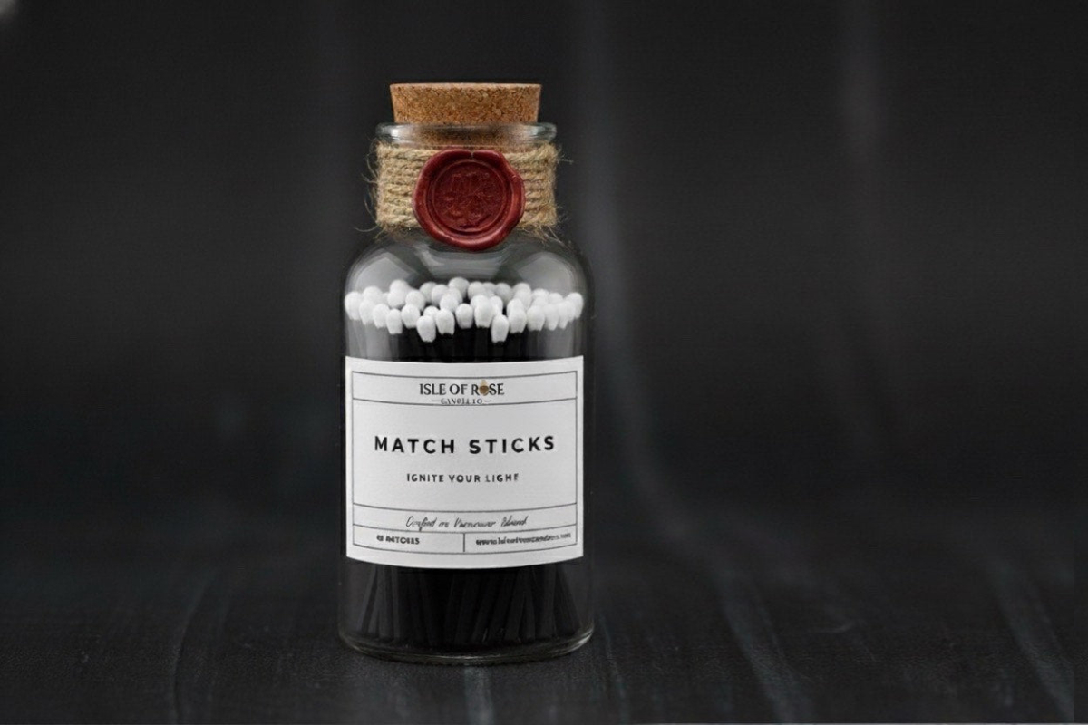 Bottle of matchsticks with a cork lid on a dark background